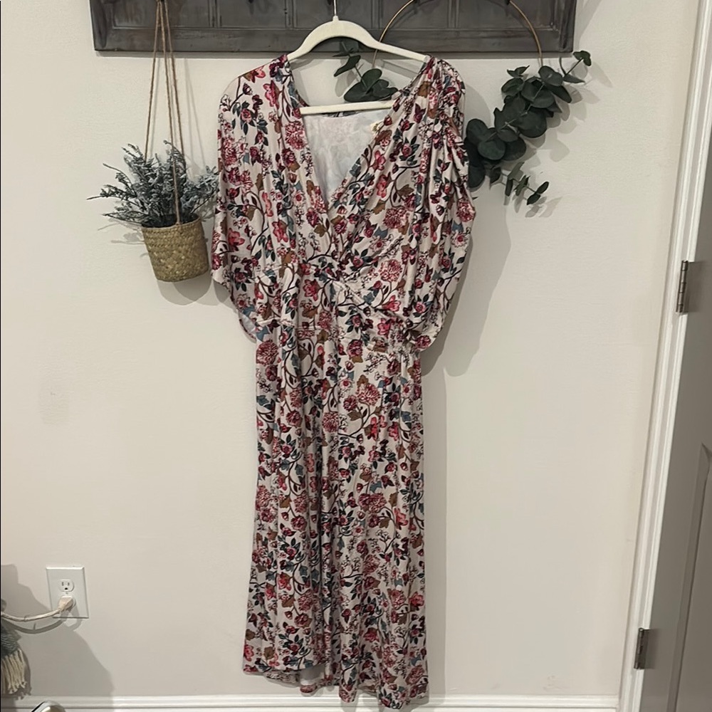 Joyfolie Red and Pink Wrap Sundress with Bishop Sleeves